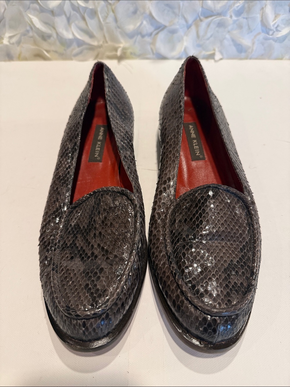 Anne Klein Gray Snake-Print Loafers